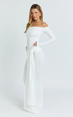 Judith Maxi Dress - Boat Neck Backless Tie Front Long Sleeve Jersey Dress in Cream