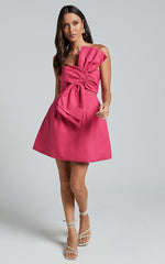 Chika Mini Dress - Linen Strapless Front Bow Dress in Peony Pink