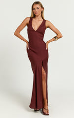 Adalita Midi Linen Dress - V Neck Cowl Back Bias Cut Dress in Chocolate