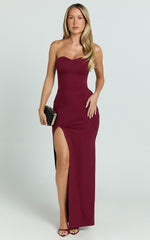 Oriella Maxi Dress - Panelled Thigh Split Strapless Dress in Wine