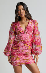 Farrah Mini Dress - Plunge Neck Long Sleeve Bodycon Dress in Pink