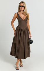 Beckett Midi Dress - Scoop Neck Drop V Waist Gathered Skirt Dress in Dark Chocolate