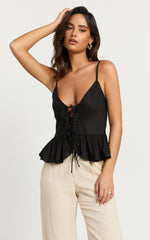 Maya Top - Linen Tie Front Ruffle Hem Top in Black