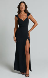More Than This Maxi Dress - Ruffle Strap Thigh Split Dress in Black