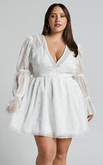 Solanna Mini Dress - Long Puff Sleeve V Neck Dress in White