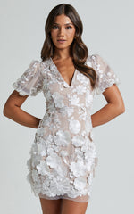 Wren Mini Dress - Puff Sleeve Bodycon 3d Garden Flowers Dress in White