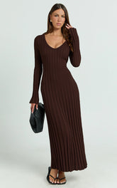 Astra Maxi Dress - V Neck Long Sleeve Knit Dress in Chocolate