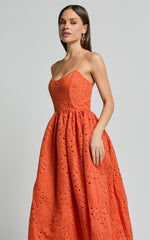 Gabriella Midi Dress - Strappy Gathered Skirt Embroidered Dress in Orange