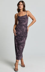 Teagan Midi Dress - Strappy Mesh Slip Dress in Plum