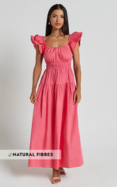 Arlene Midi Dress - Square Neck Shoulder Frill Tiered Dress in Berry