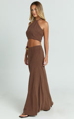 Chelsea Two Piece Set - Linen Halter Neck Top and Bias Cut Sheer Maxi Skirt in Chocolate