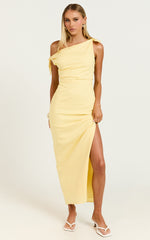 Cincinnati Midi Dress - Off The Shoulder Side Split Column Linen Dress in Lemon