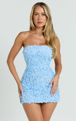 Cassia Mini Dress - Strapless 3D Floral Lace Up Back Dress in Pale Blue