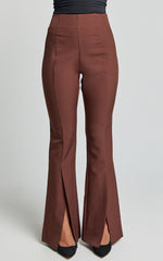 Volta Pants - Front High Waisted Split Boot Leg Kick Out Pants in Chocolate