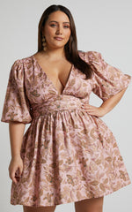 Amalie The Label - Rivinna Linen Blend Pleat Waist Puff Sleeve Mini Dress in Vahala Print