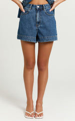 Rhianna Shorts - Mid Waist Recycled Denim Shorts in Dark Blue Wash