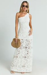 Charlene Maxi Dress - Crochet Knitted One Shoulder Maxi Dress in White