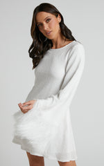 Rowella Mini Dress - Faux Feather Bell Sleeve Dress in White