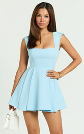 Adira Mini Dress - Square Neck Corset Bodice Pleat Skirt Backless Dress in Blue