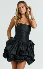 Deb Mini Dress - Ruched Strapless Bubble Hem Dress in Black