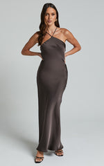 Aurora Midi Dress - Halter Tie Neck Satin Bias Cut Dress in Espresso
