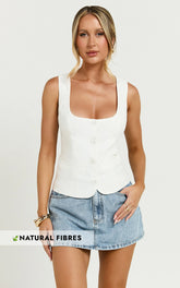Nalfie Top - Linen Wide Scoop Neck Fitted Vest Top in White