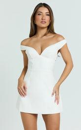 Irene Mini Dress - Off Shoulder Bustier Tulip Skirt Dress in White