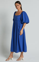 Cenia Midi Dress - Linen Straight Neck Shirred Back Puff Sleeve Dress in Bright Blue