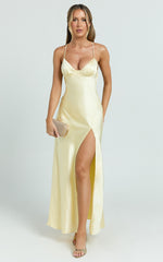 Heidi Maxi Dress - Satin Ruched Bust Tie Back Dress in Lemon