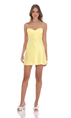 Satin Sweetheart Neck Dress in Yellow