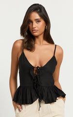 Maya Top - Linen Tie Front Ruffle Hem Top in Black
