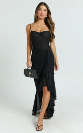 Brionna Midi Dress - Lace Neck Ruched Ruffle Hem Dress in Black