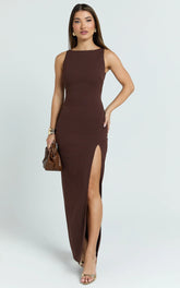 Indi Maxi Dress - Boat Neck Bodycon Dress in Chocolate