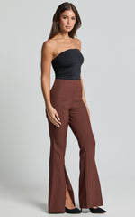 Volta Pants - Front High Waisted Split Boot Leg Kick Out Pants in Chocolate