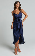 Katie Midi Dress - V Neck Tie Front Detail Dress in Mid Night Blue