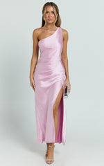 Isla Maxi Dress - Satin One Shoulder Side Split Dress in Pink