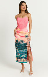 Amalie The Label - Leesha Strapless Fitted Split Leg Midi Dress in Island Sunset Print