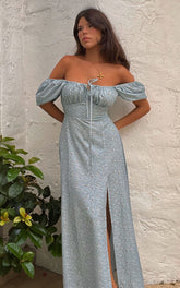 Zenny Midi Dress - Ruched Bust Floral Dress in Light Blue