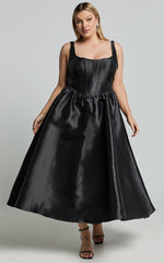 Courtney Midi Dress - Corset Panel Low Back Dress in Black