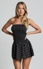 Hera Mini Dress - Drop Waist Ruched Fit and Flare Mini Dress in Black Polka Dot