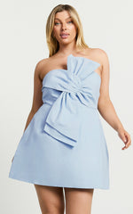 Chika Mini Dress - Linen Strapless Front Bow Dress in Pale Blue