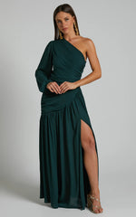 Grittah Midi Dress - One Shoulder Bishop Sleeve High Split Ruched Dress in Emerald