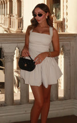 Bridgette Mini Dress - Straight Neck Sleeveless Bubble Hem Dress in Cream