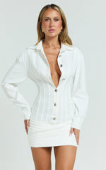 Rhylee Mini Dress - Collared Button Front Bodycon Shirt Dress in White