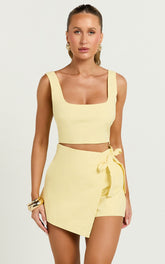 Polina Two Piece Set - Linen Square Neck Crop Top and Tie Waist Skort Set in Lemon
