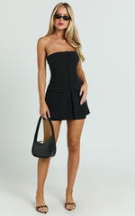 Monroe Two Piece Set - Strapless Button Down Longline Vest Top and High Waisted Mini Skirt in Black