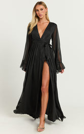 Dangerous Woman Maxi Dress - Plunge Thigh Split Dress in Black