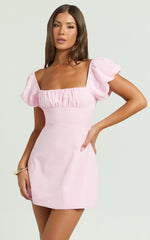 Ginny Mini Dress - Square Neck Ruched Bodice Puff Sleeve Straight Dress in Pink