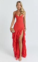 Maeve Maxi Dress - V Neck Ruffle Tier Slip Dress in Chilli