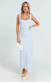 Benita Midi Dress - Scoop Neck Ruched Fitted Dress in Blue